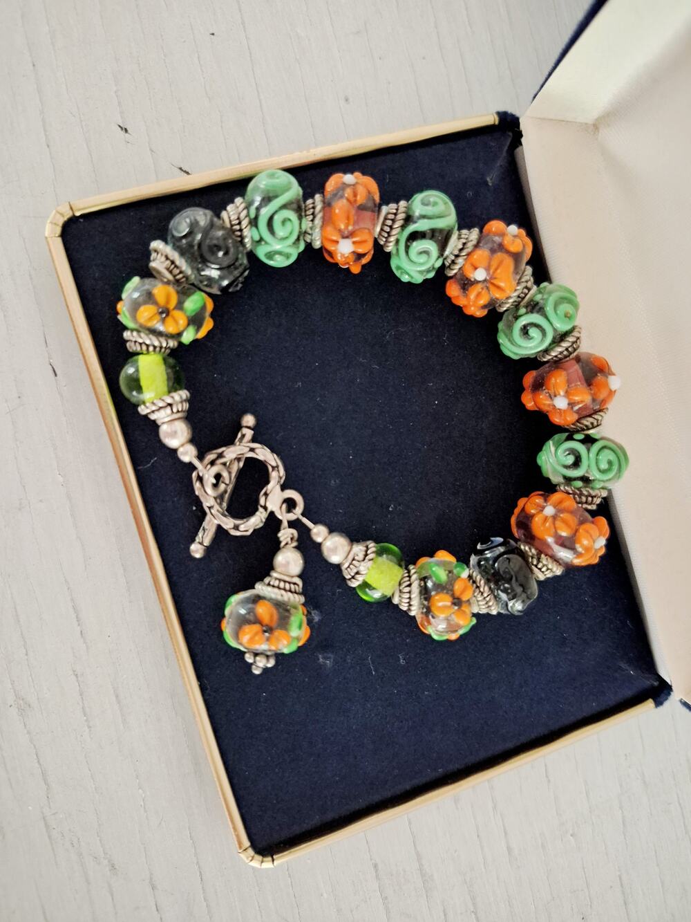 Vintage Artisan Green and Orange Lampwork glass Bead Toggle Clasp Bracelet